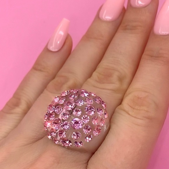 Pink Swarovski Crystal Acrylic Dome Ring, Lucite Clear Statement Ring - Picture 7 of 13